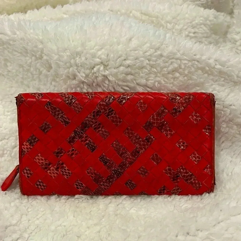 AS-IS Bottega Veneta snakeskin wallet Red - USED